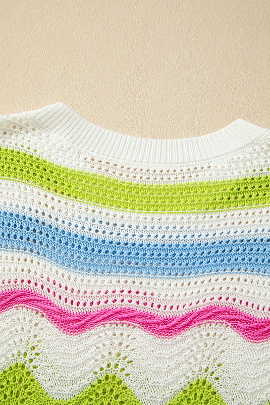 DLLS570 - Ladies White Color Block Crochet Knit Ruffled Short Sleeve Sweater Top