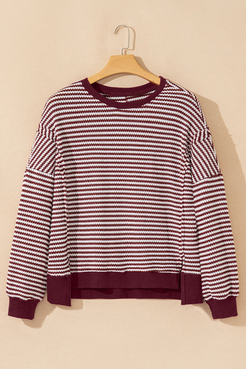 Load image into Gallery viewer, DLLS391 - Ladies Red Stripe Ribbed Trim Drop Shoulder Long Sleeve Oversize Top
