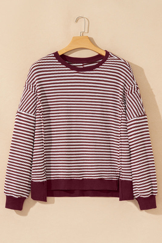 DLLS391 - Ladies Red Stripe Ribbed Trim Drop Shoulder Long Sleeve Oversize Top