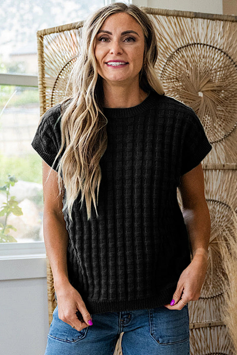 Load image into Gallery viewer, DLLS487 - Ladies Black Solid Color Round Neck Textured Short Sleeve Sweater
