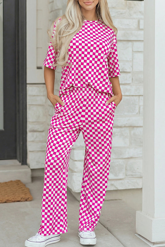 DLLS994 - Ladies Rose Checkered Print Half Sleeve Tee 2pcs Lounge Pant Set