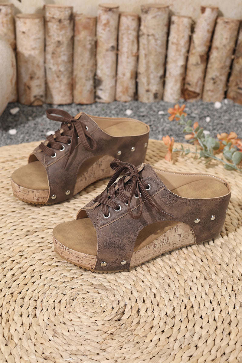 Load image into Gallery viewer, DLLSHOE 81 - Coffee Lace-up Studded Cutout Wedge Platform Slippers
