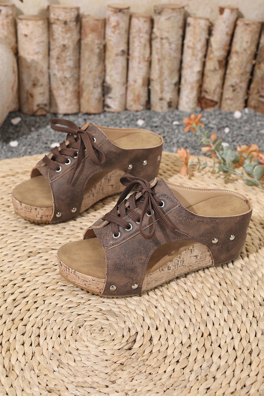 DLLSHOE 81 - Coffee Lace-up Studded Cutout Wedge Platform Slippers