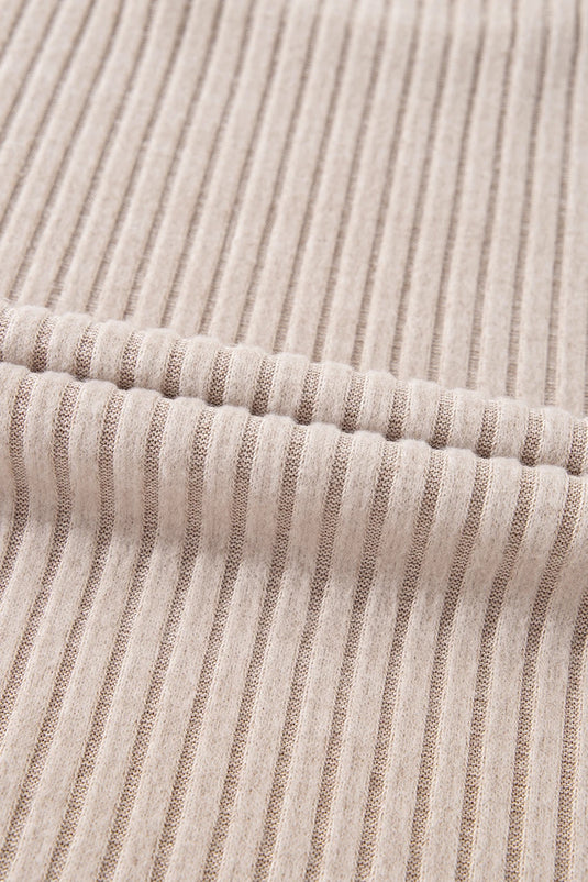 DLLS145 - Ladies Beige Lettuce Cuffs Drop Shoulder Loose Ribbed Knit Top