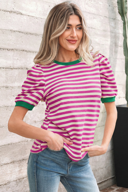 DLLS539 - Ladies Rose Stripe Short Puff Sleeve Contrast Trim Round Neck Tee