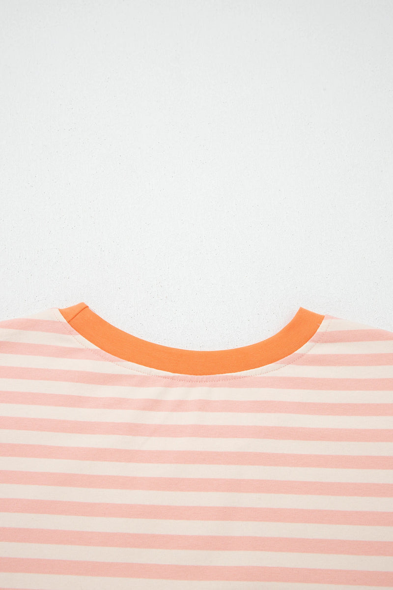 Load image into Gallery viewer, DLLS701 - Ladies Pink Stripe Contrast Neck Loose Tee and Drawstring Shorts Set
