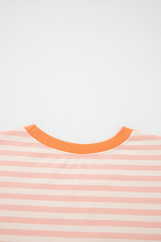 DLLS701 - Ladies Pink Stripe Contrast Neck Loose Tee and Drawstring Shorts Set