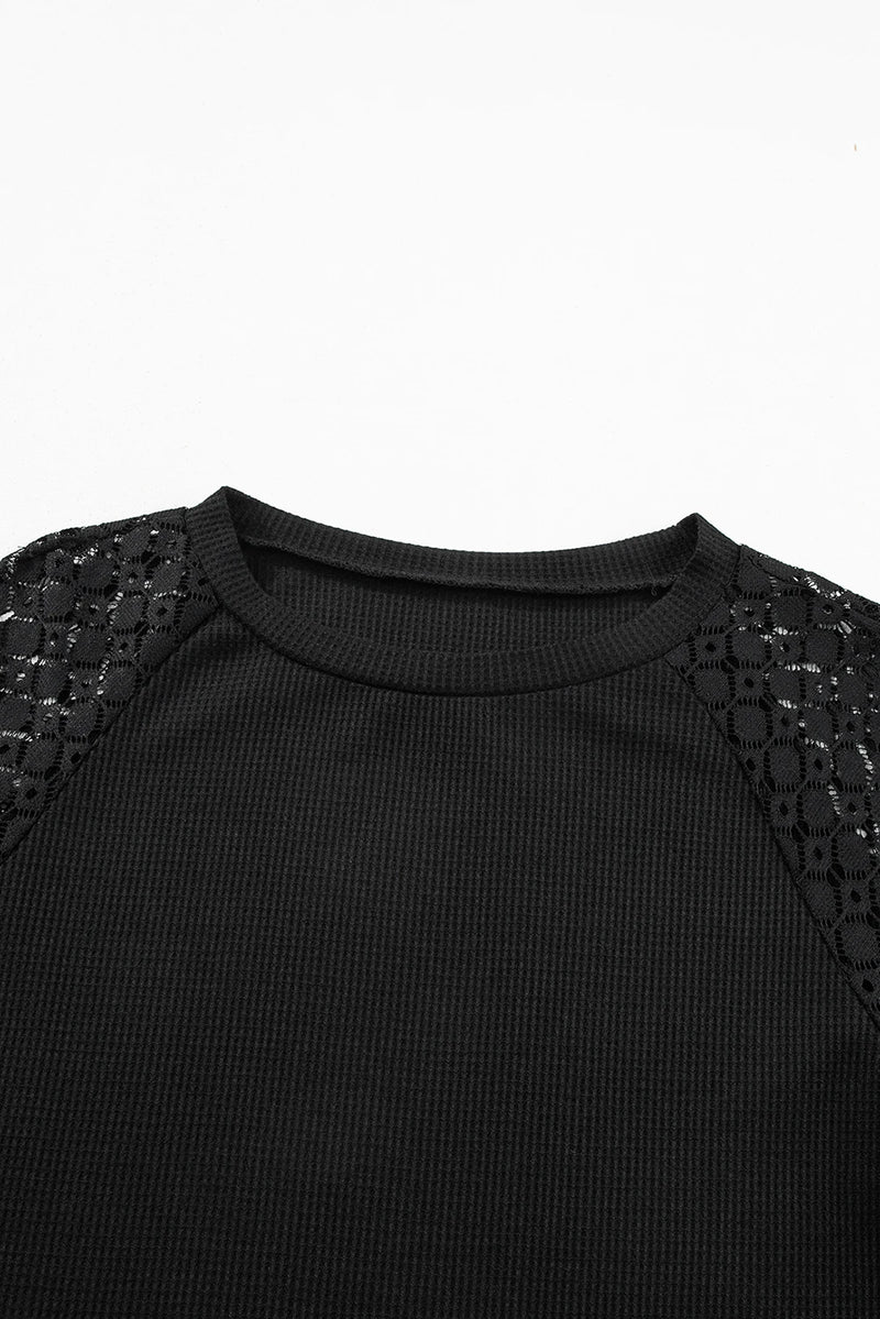 Load image into Gallery viewer, DLLS205 - Ladies Black Lace Long Sleeve Textured Pullover
