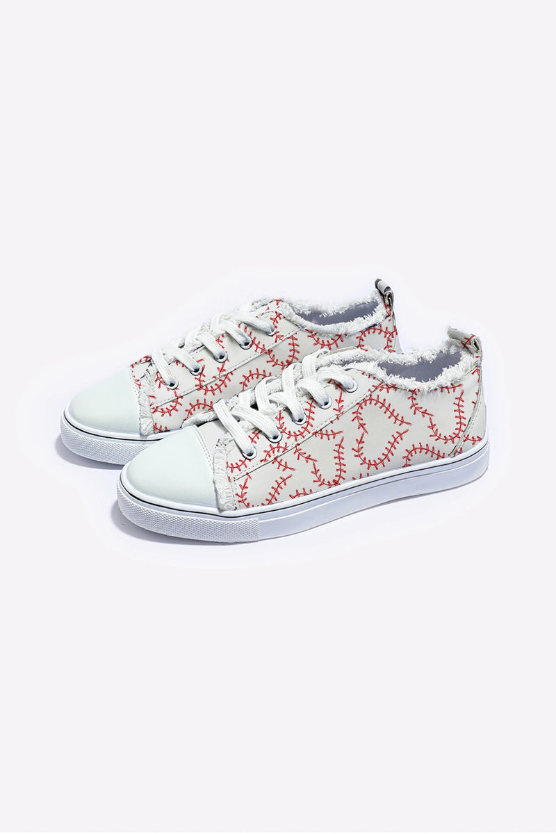Load image into Gallery viewer, DLLSHOE 30 - White Baseball Seam Printed Frayed Canvas Shoes
