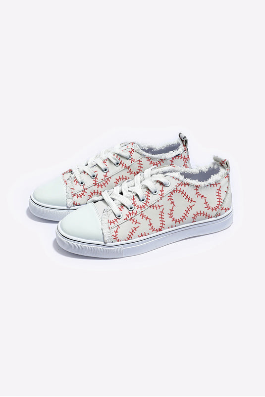 DLLSHOE 30 - White Baseball Seam Printed Frayed Canvas Shoes
