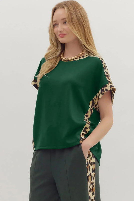 DLLS510 - Ladies Sea Green Leopard Trim Round Neck Loose T Shirt
