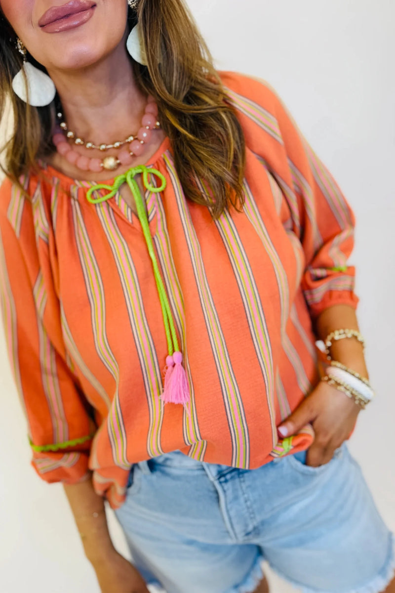 Load image into Gallery viewer, DLLS681 - Ladies Orange Striped Tie Neck Blouse Casual Shift Top
