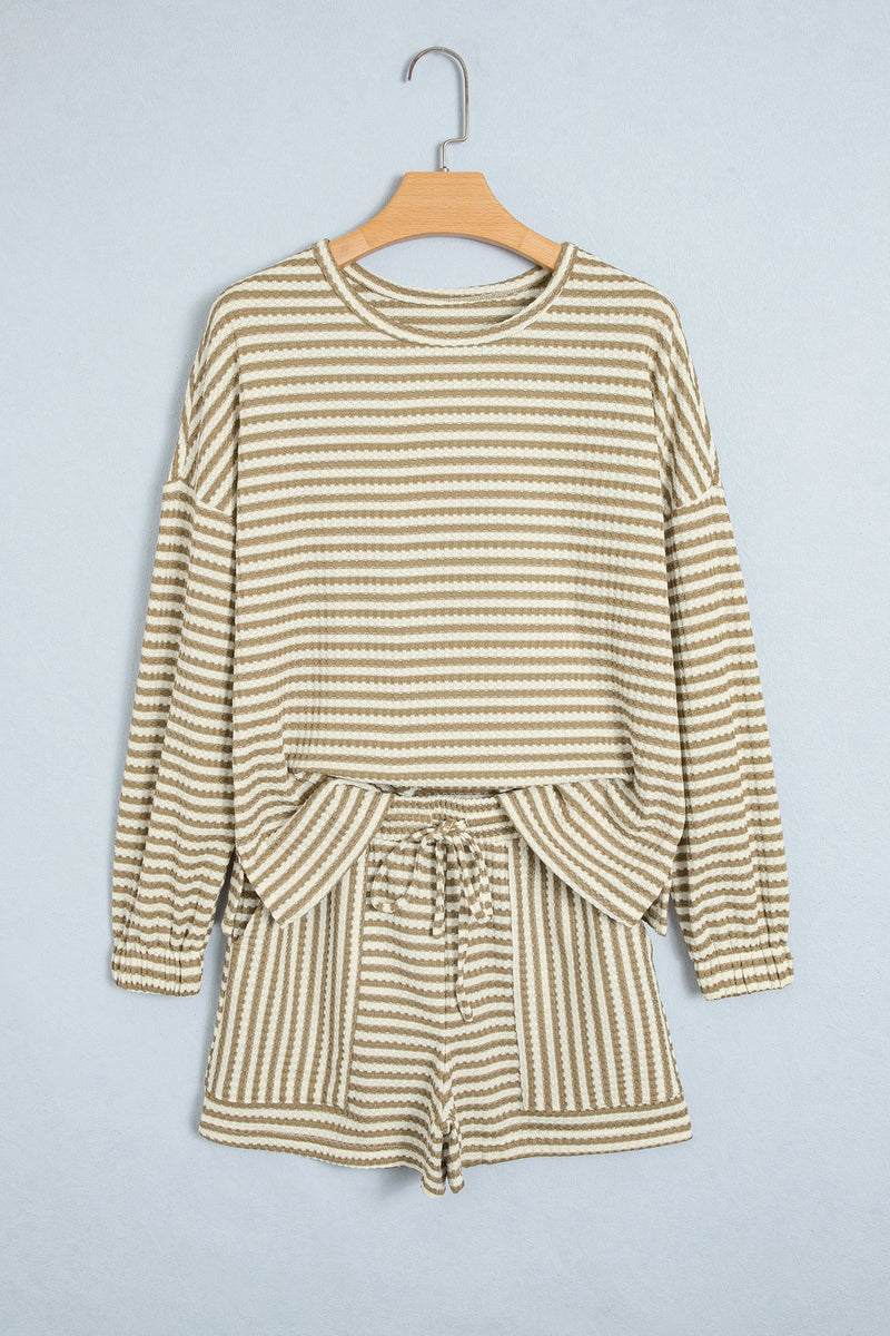 Load image into Gallery viewer, DLLS1147 - Ladies Brown Stripe Textured Knit Long Sleeve Top Elastic Waist Shorts Casual Outfit

