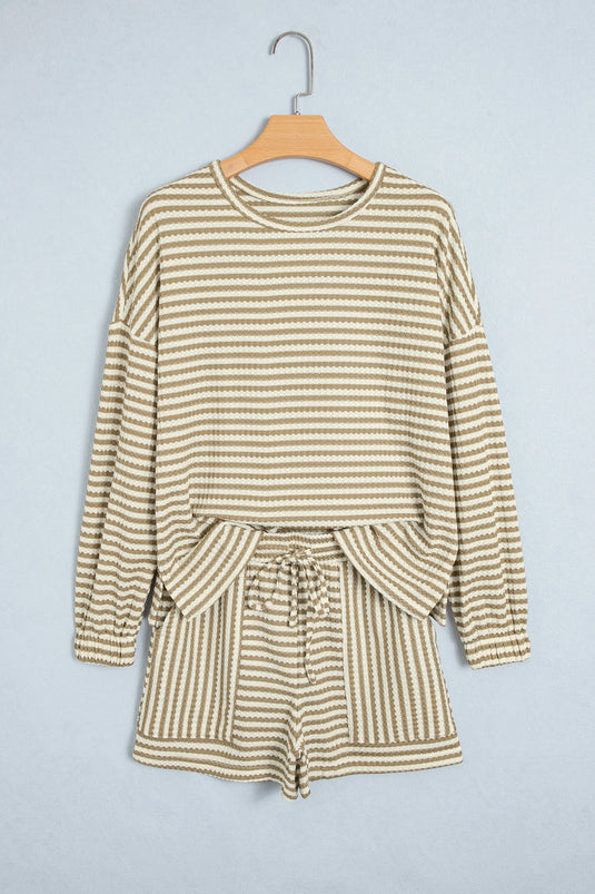 DLLS1147 - Ladies Brown Stripe Textured Knit Long Sleeve Top Elastic Waist Shorts Casual Outfit