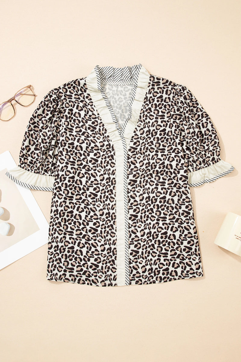 Load image into Gallery viewer, DLLS368 - Ladies Black Leopard Print Striped Ruffled Color Block Trim V Neck Short Sleeve Blouse
