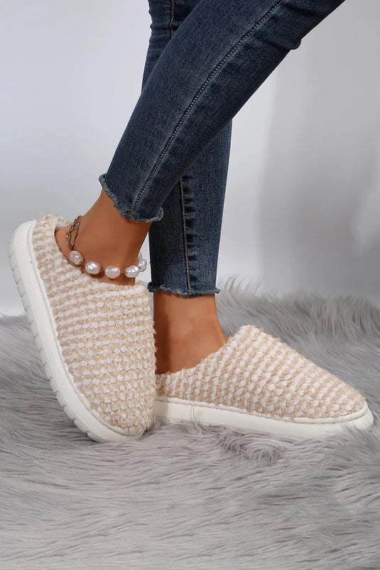 DLLSHOE 193 - Pale Khaki Two-Tone Knitted Warm Homewear Slippers