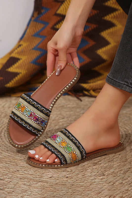 DLLSHOE 135 - Chestnut Bohemian Pattern Crochet Faux Leather Beach Slippers