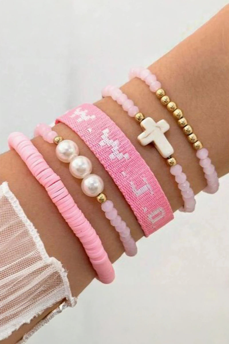 Load image into Gallery viewer, DLLBC 25 - Pink WWJD Faith Prompt Mix Beading 5pcs Bracelet Set
