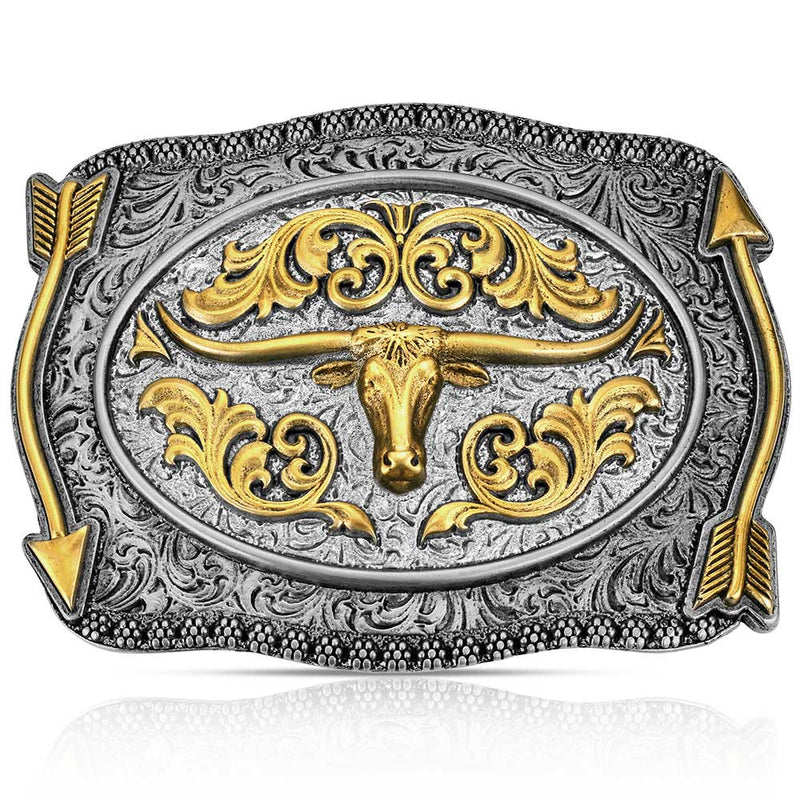Load image into Gallery viewer, A1099P - Montana Silversmiths Pointing West Longhorn Buckle
