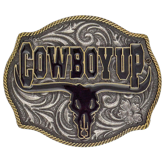 A354 - Montana Silversmiths Cowboy Up Says the Bull Two-Tone Attitude Buckle