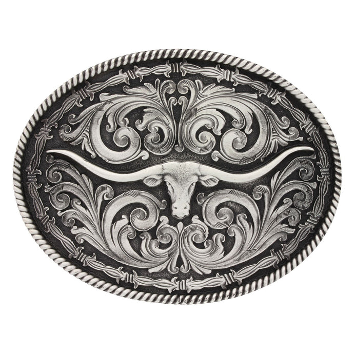A550S - Montana Silversmiths Rope and Barbed Wire Longhorn Classic Impressions Attitude Buckle