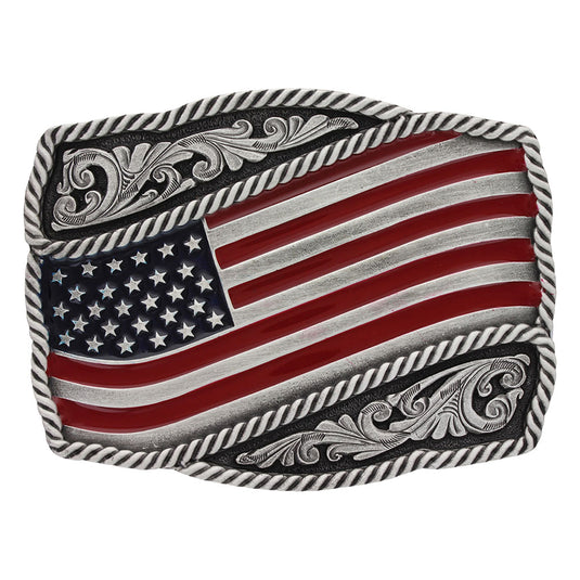 A590P - Montana Silversmiths Classic Painted Waving American Flag Attitude Buckle
