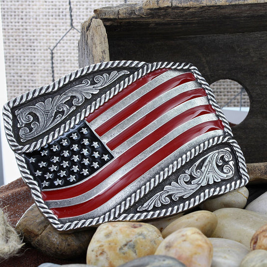 A590P - Montana Silversmiths Classic Painted Waving American Flag Attitude Buckle