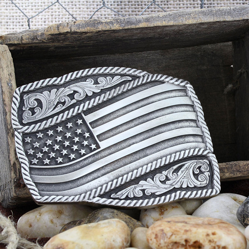 Load image into Gallery viewer, A590S - Montana Silversmiths Classic Impressions Waving American Flag Attitude Buckle
