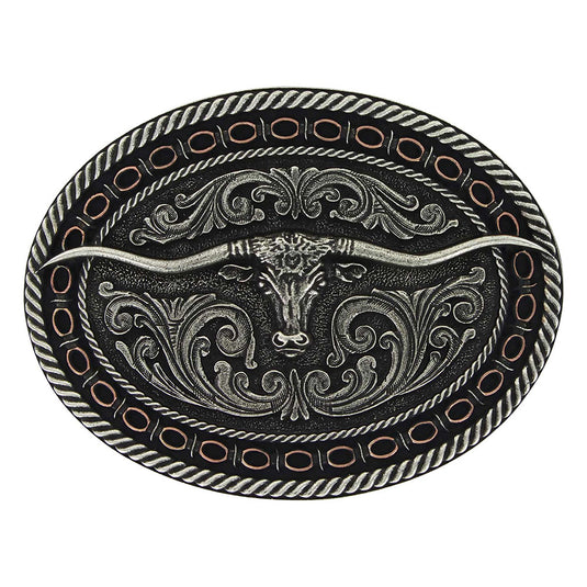 A742 - Montana Silversmiths Two Tone Antiqued Round Barbed Longhorn Attitude Buckle