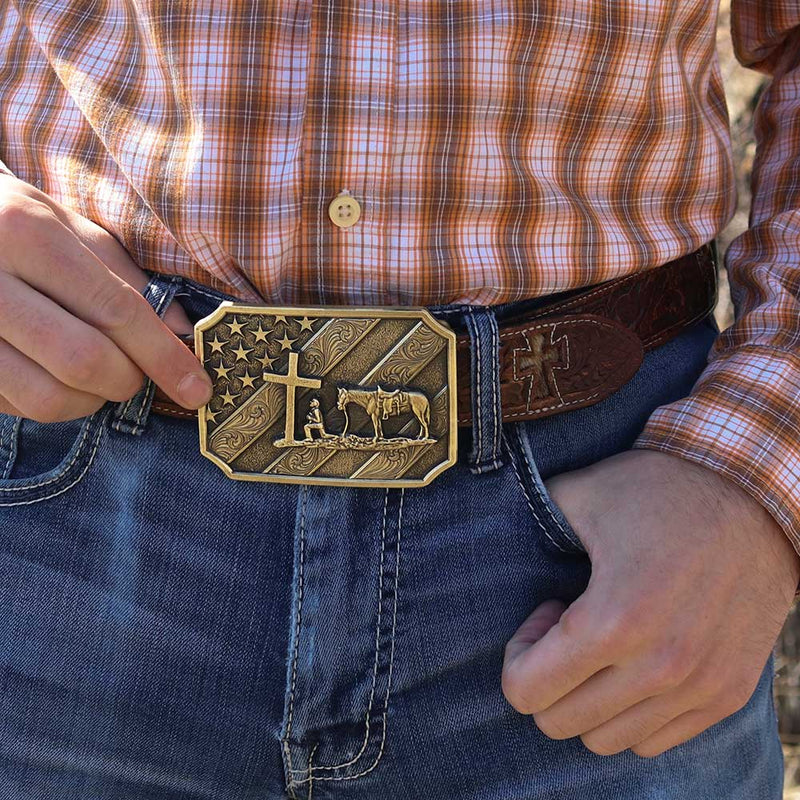 Load image into Gallery viewer, A864C - Montana Silversmiths Patriot Christian Cowboy Attitude Belt Buckle
