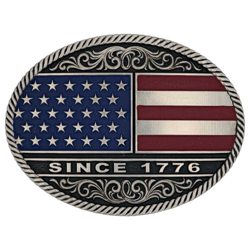 Load image into Gallery viewer, A867 - Montana Silversmiths Trimmed Circular American Flag Attitude Belt Buckle
