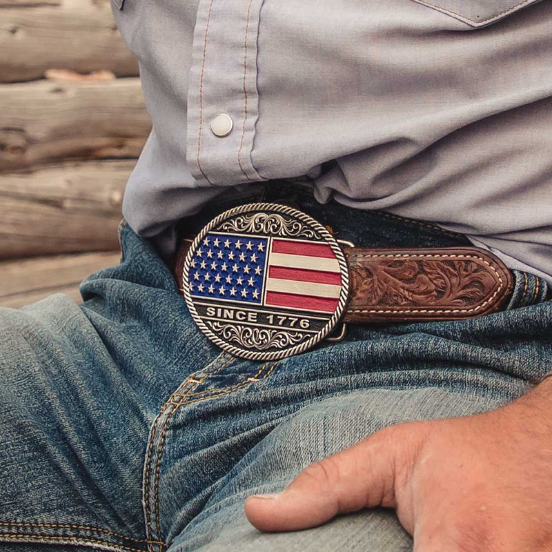 Load image into Gallery viewer, A867 - Montana Silversmiths Trimmed Circular American Flag Attitude Belt Buckle
