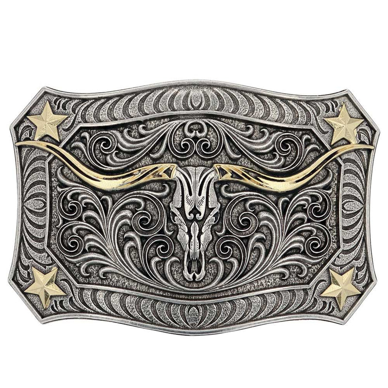 Load image into Gallery viewer, A935 - Montana Silversmiths Longhorn Crest Filigree Attitude Belt Buckle
