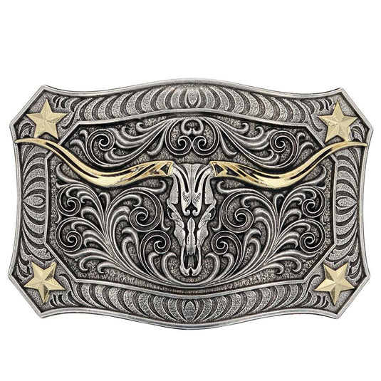 A935 - Montana Silversmiths Longhorn Crest Filigree Attitude Belt Buckle