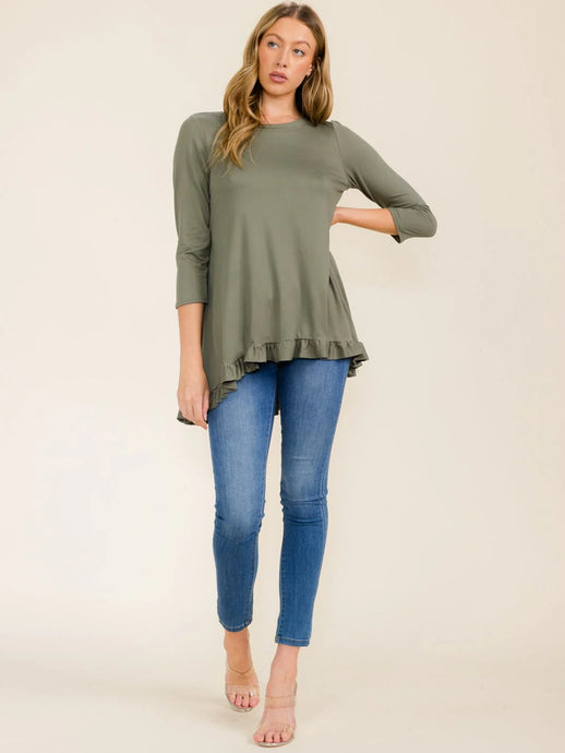 WFT 14 - WOMEN'S 3/4 SLEEVES RUFFLE BOTTOM HEM TUNIC HIGH-LOW TOP