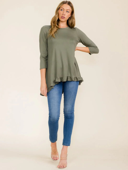 WFT 14 - WOMEN'S 3/4 SLEEVES RUFFLE BOTTOM HEM TUNIC HIGH-LOW TOP