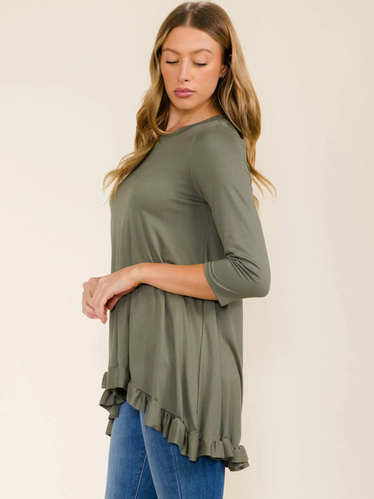 WFT 14 - WOMEN'S 3/4 SLEEVES RUFFLE BOTTOM HEM TUNIC HIGH-LOW TOP