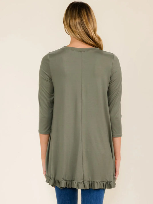 WFT 14 - WOMEN'S 3/4 SLEEVES RUFFLE BOTTOM HEM TUNIC HIGH-LOW TOP