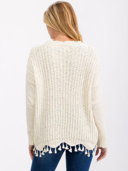 WFT 4 - Women's Ivory Long Sleeve Trim Detailed Knit Sweater