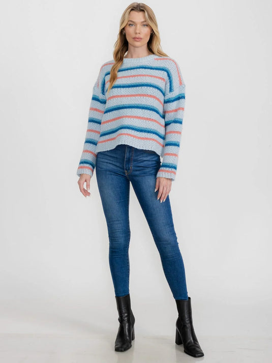 WFT 5 - WOMEN'S ICE BLUE LONG SLEEVE STRIPES COLORBLOCK PULLOVER SWEATER