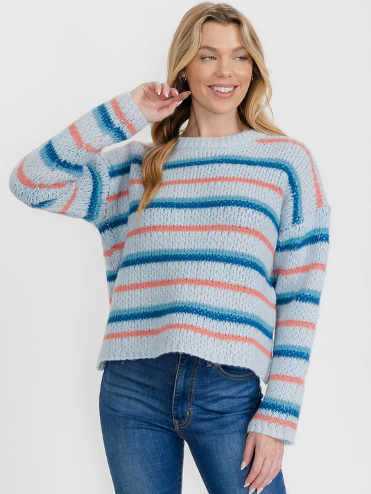 WFT 5 - WOMEN'S ICE BLUE LONG SLEEVE STRIPES COLORBLOCK PULLOVER SWEATER