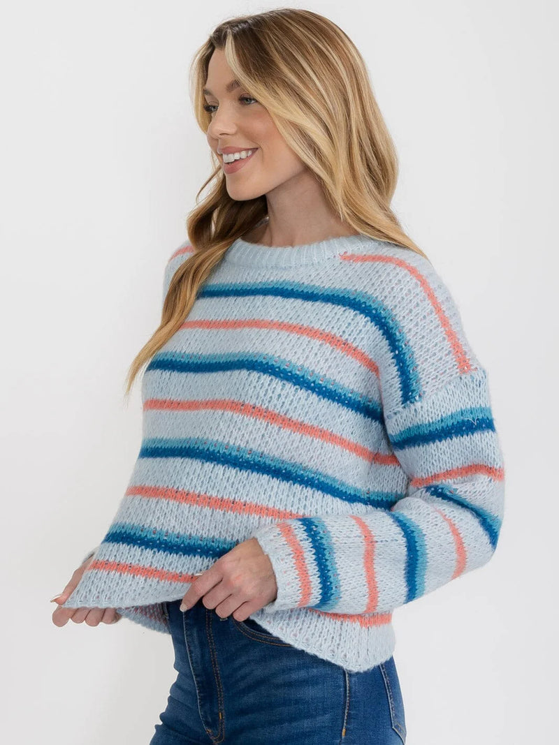 Load image into Gallery viewer, WFT 5 - WOMEN&#39;S ICE BLUE LONG SLEEVE STRIPES COLORBLOCK PULLOVER SWEATER

