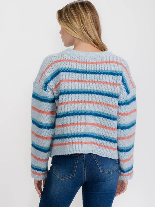 WFT 5 - WOMEN'S ICE BLUE LONG SLEEVE STRIPES COLORBLOCK PULLOVER SWEATER