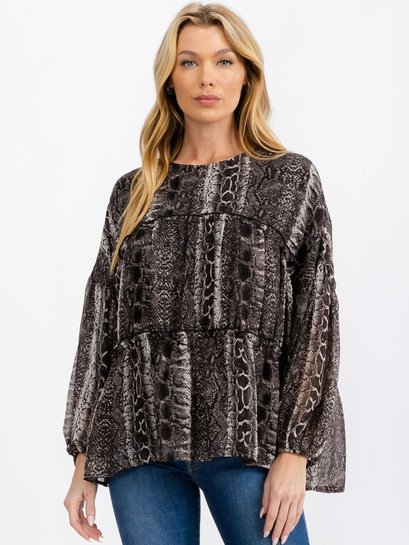 Load image into Gallery viewer, WFT 18 - WOMEN&#39;S LONG SLEEVE TIERED TUNIC ANIMAL PRINT BLOUSE
