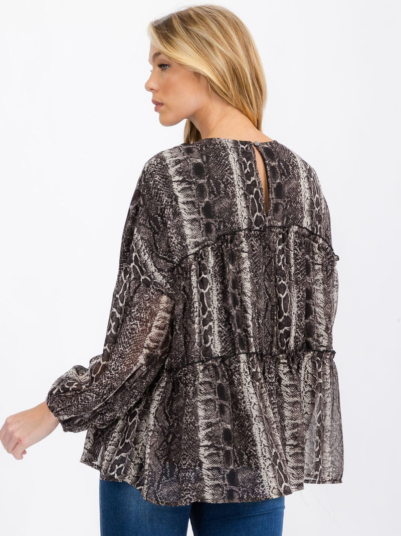 Load image into Gallery viewer, WFT 18 - WOMEN&#39;S LONG SLEEVE TIERED TUNIC ANIMAL PRINT BLOUSE
