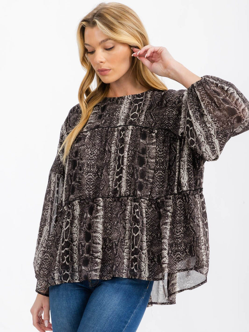 Load image into Gallery viewer, WFT 18 - WOMEN&#39;S LONG SLEEVE TIERED TUNIC ANIMAL PRINT BLOUSE
