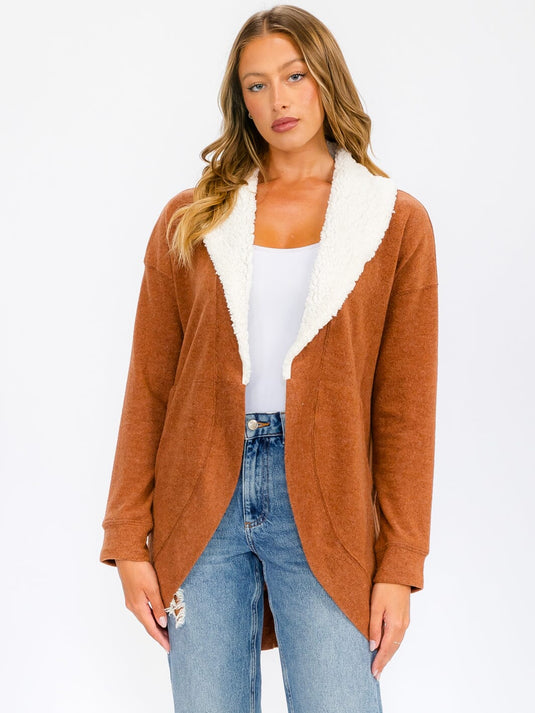 WFT 8 - WOMEN'S LONG SLEEVE OPEN FRONT POCKETS SHERPA COLLAR CARDIGAN