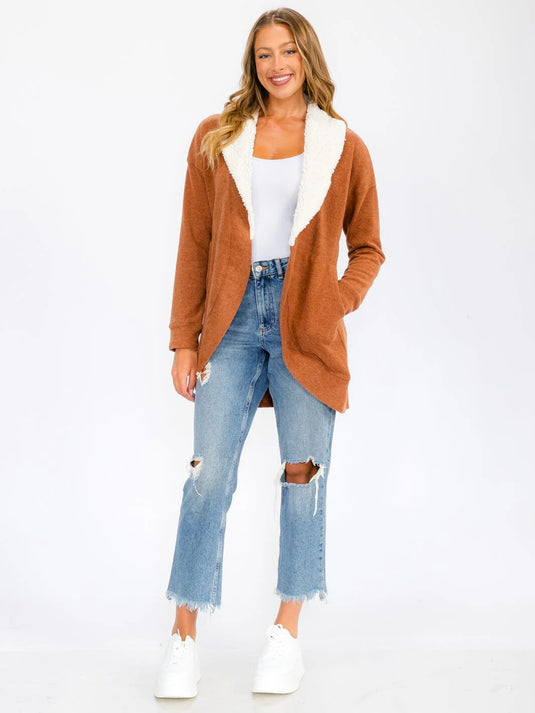 WFT 8 - WOMEN'S LONG SLEEVE OPEN FRONT POCKETS SHERPA COLLAR CARDIGAN