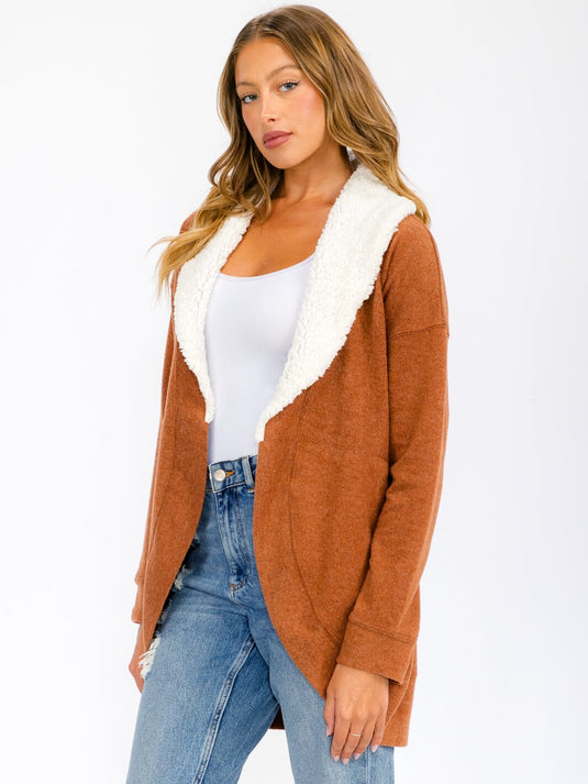 WFT 8 - WOMEN'S LONG SLEEVE OPEN FRONT POCKETS SHERPA COLLAR CARDIGAN