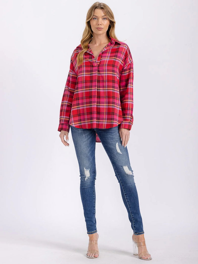 Load image into Gallery viewer, WFT 17 - WOMEN&#39;S LONG SLEEVE V-NECK HIGH-LOW PLAID SHIRT
